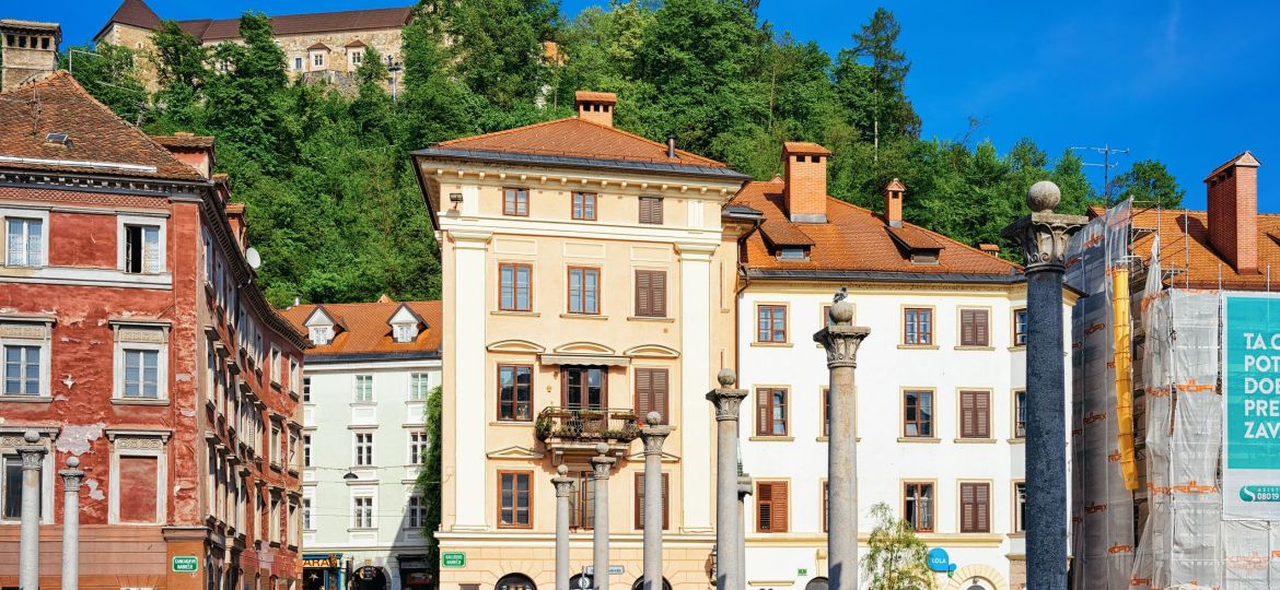 Triple Bridge and Old castle in Ljubljana Slovenia