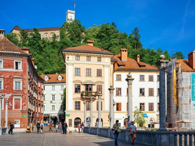 Triple Bridge and Old castle in Ljubljana Slovenia